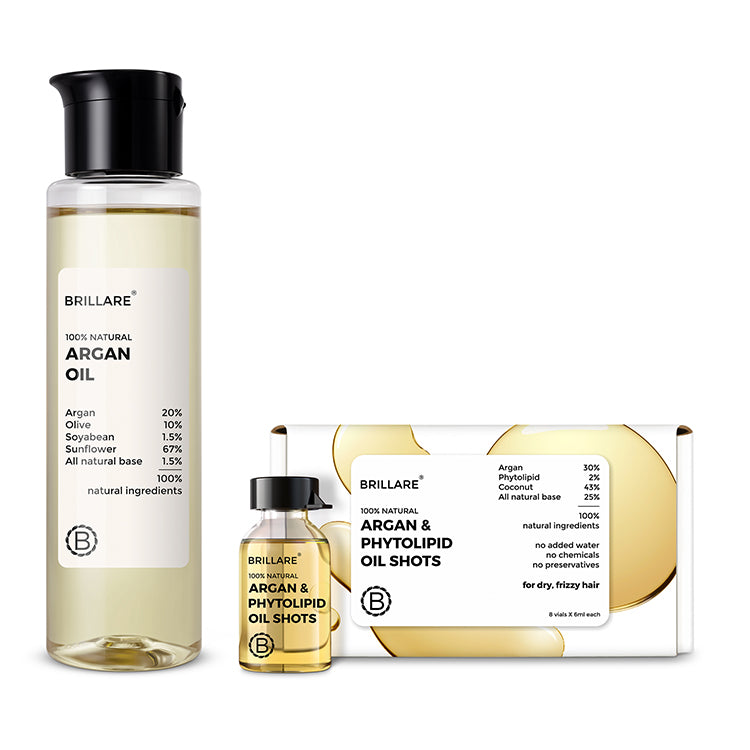 front view of Brillare Argan Oil & Brillare Argan & Phytolipid Oil Shots against white background. ingredients mentioned on the product label.