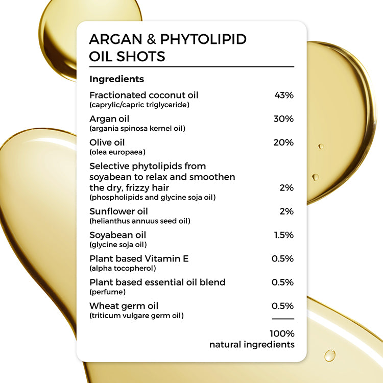complete ingredients of Brillare Argan & Phytolipid Oil Shots. 100% natural ingredients.