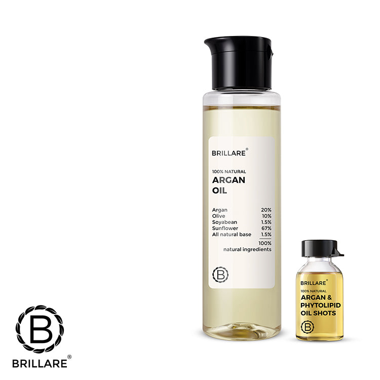 Brillare Argan Oil and Brillare Argan & Phytolipid Oil Shots with brillare logo.