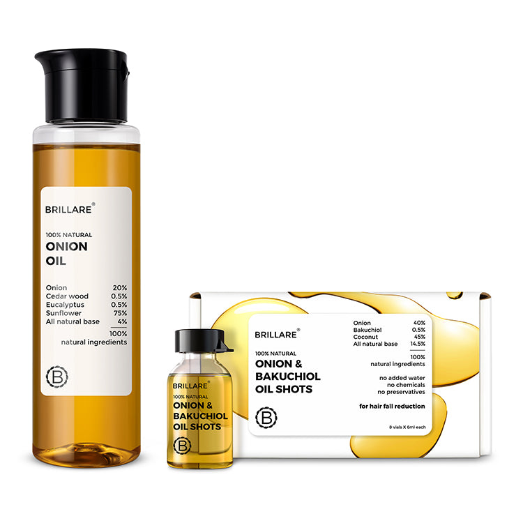 front view of Brillare Onion Oil and Brillare Onion & Bakuchiol Oil Shots against white background. ingredients mentioned on product label.