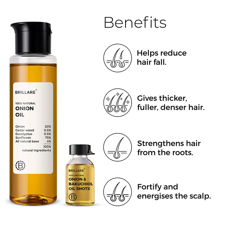 Brillare Onion Oil and Brillare Onion & Bakuchiol Oil Shots with side text include benefits: helps reduce hair fall, gives thicker, fuller, denser hair, strengthens hair from the roots, fortify and energises the scalp.