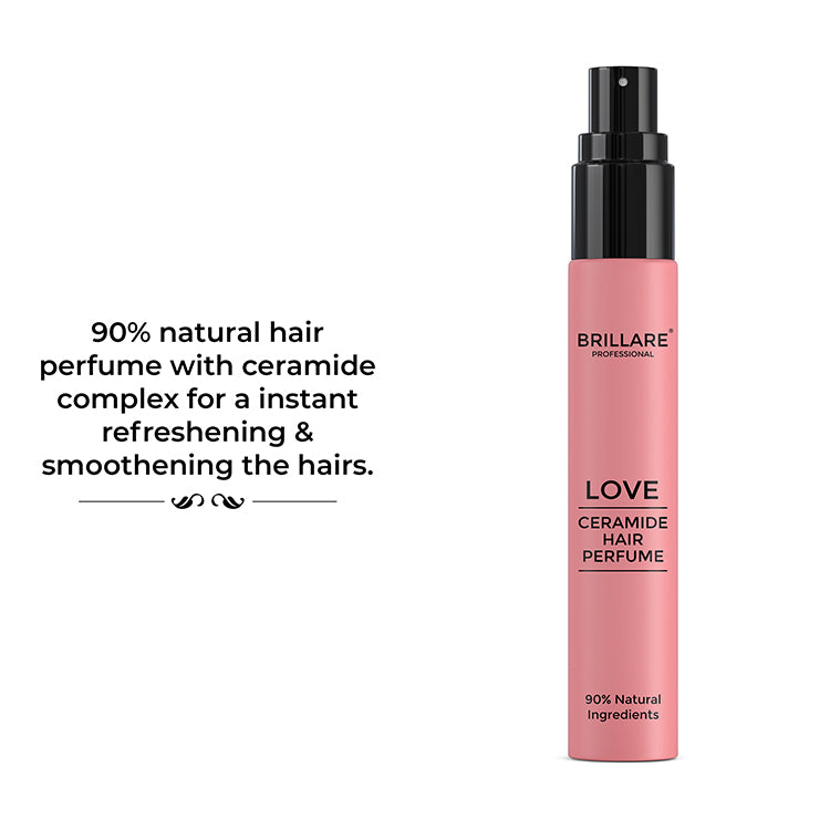 Brillare Professional Ceramide Hair Perfume Love with the side text include: 90% natural hair perfume with ceramide complex for a instant refreshening & smoothening the hairs.
