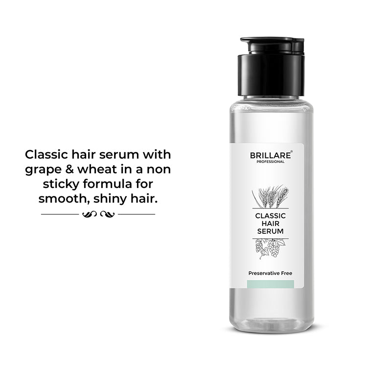 Brillare Professional Classic Hair Serum with side text include: classic hair serum with grape & wheat in a non sticky formula for smooth, shiny hair.