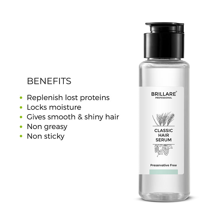 Brillare Professional Classic Hair Serum with side text include benefits: replenish lost proteins, locks moisture, gives smooth & shiny hair, non greasy, non sticky