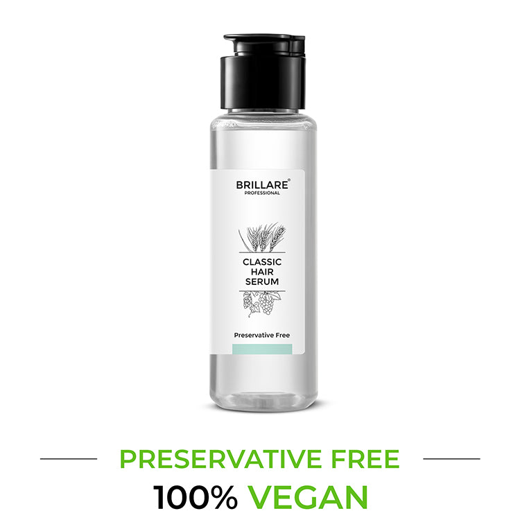 Brillare Professional Classic Hair Serum with side text include: preservative free & 100% vegan.
