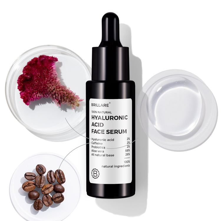 front view of Brillare Hyaluronic Acid Face Serum with its key ingredients against white background.