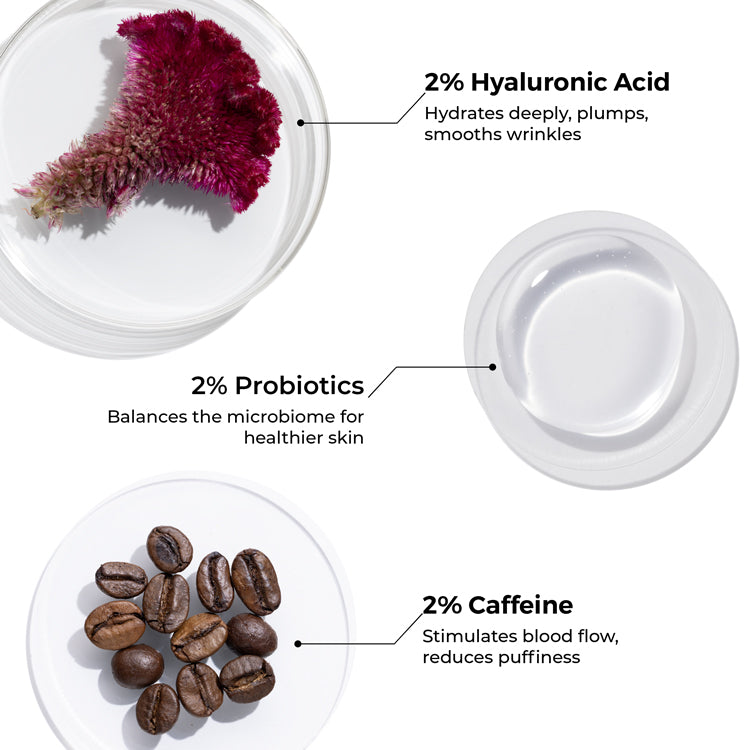 key ingredients of Brillare Hyaluronic Acid Face Serum shown in the image include: 1% Probiotics, 2% Hyaluronic Acid & 2% Caffeine.