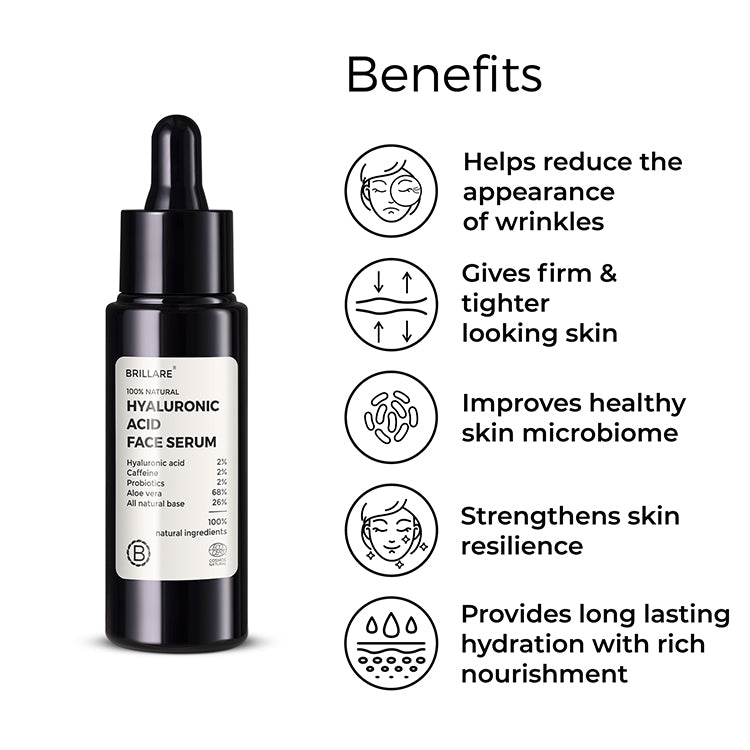 Brillare Hyaluronic Acid Face Serum and side text include benefits: helps reduce the appearance of wrinkles, gives firm & tighter looking skin, improves healthy skin microbiome, strengthens skin resilience, provides long lasting hydration with rich nourishment.