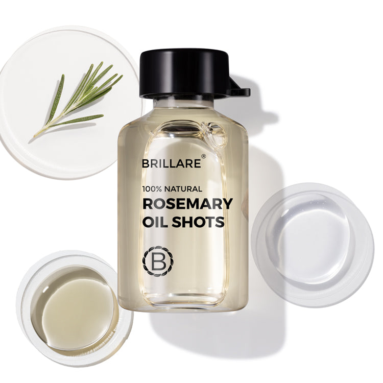 front image of Brillare Rosemary Oil Shots with its key ingredients against white background.