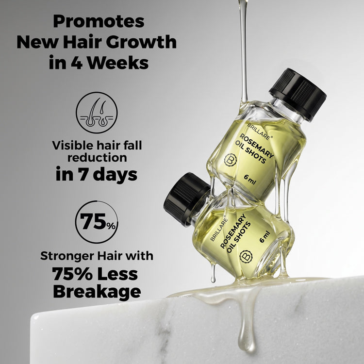 Brillare Rosemary Oil Shots with side text include: promotes new hair growth in 4 weeks. Visible hair fall reduction in 7 days. stronger hair with 75% less breakage.
