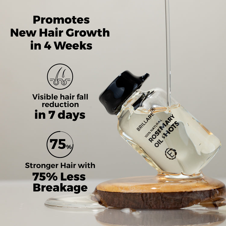 Brillare Rosemary Oil Shots with side text include: promotes new hair growth in 4 weeks. Visible hair fall reduction in 7 days. stronger hair with 75% less breakage.