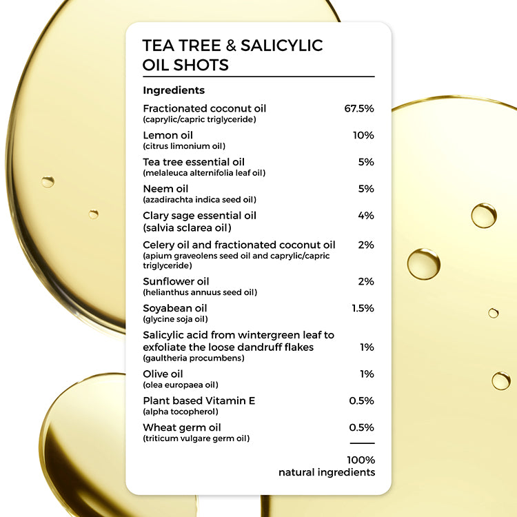 complete ingredient list of Brillare Tea Tree & Salicylic Oil Shots. 100% natural ingredients.