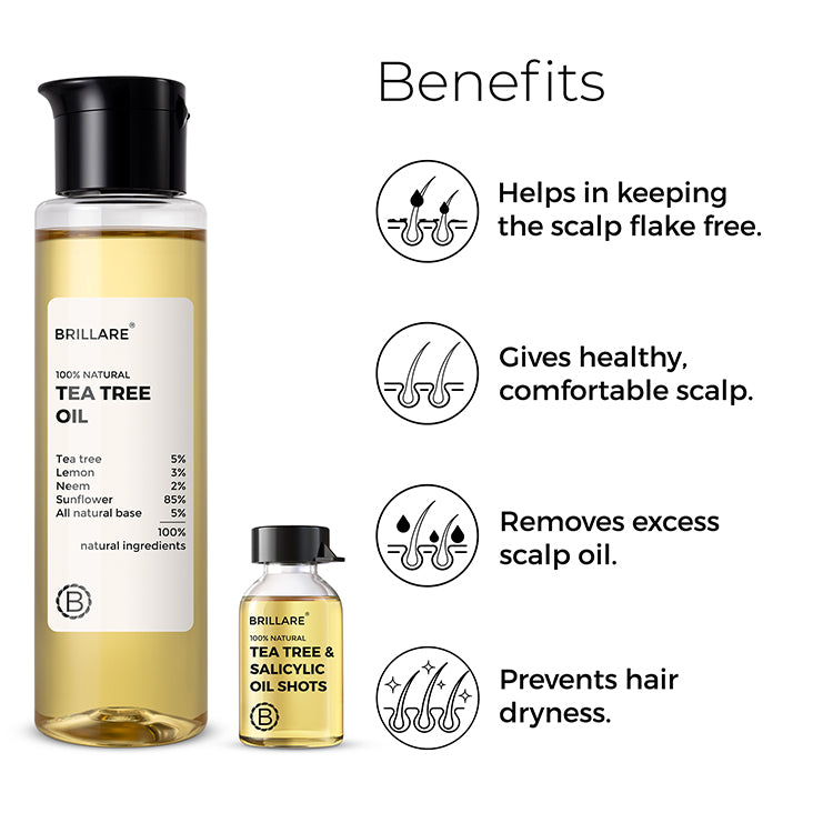 Brillare Tea Tree Oil and Brillare Tea Tree & Salicylic Oil Shots with side text include benefits: helps in keeping the scalp flake free, gives healthy, comfortable scalp, removes excess scalp, prevents hair dryness.