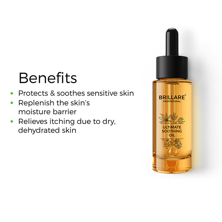 Brillare Professional Ultimate Soothing oil with side text include benefits: protects & soothes sensitive skin, replenish the skin&