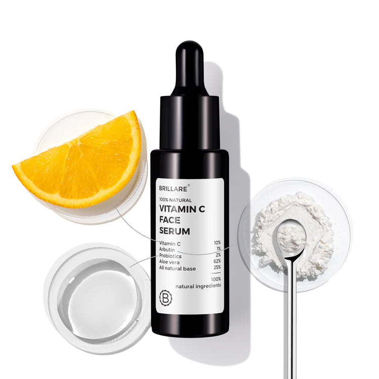 Front view of Brillare Vitamin C Face Serum with its key ingredients against white background.