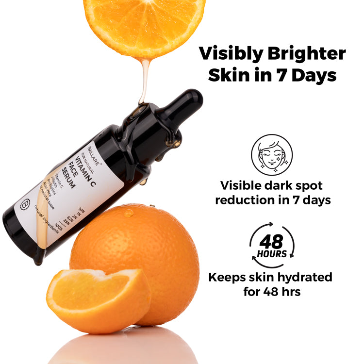 image of Brillare Vitamin C Face Serum with side text include: visibly brighter skin in 7 days. visible dark spot reduction in 7 days. keeps skin hydrated for 48 hours.
