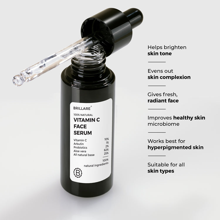Brillare Vitamin C Face Serum with side text showing its benefits: helps brighten skin tone. evens out skin complexion. gives fresh, radiant face. improves healthy skin microbiome. works best for hyperpigmented skin. suitable for all skin types.