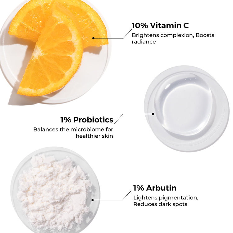 key ingredients of Brillare Vitamin C Face Serum shown in the image includes: 10% Vitamin C, 1% Probiotics & 1% Arbutin.