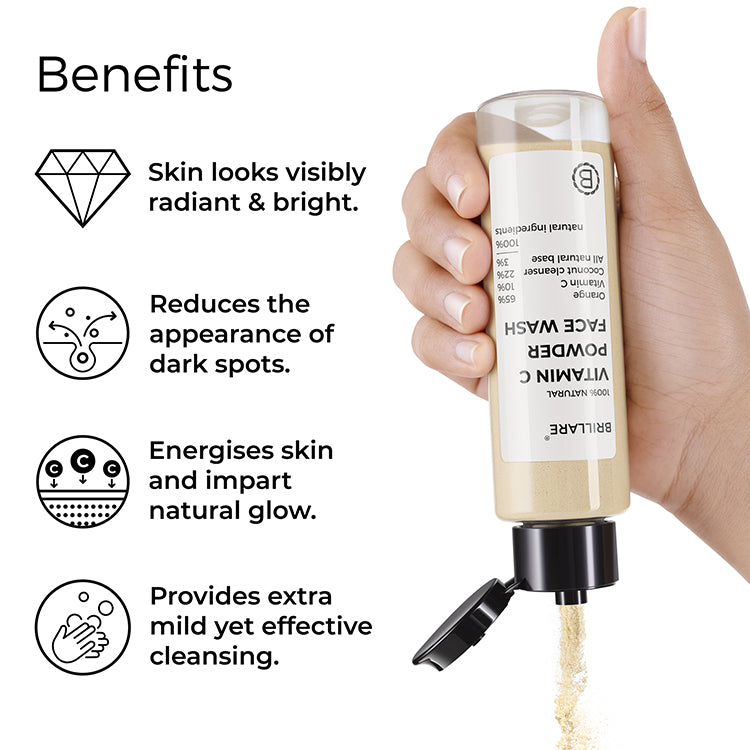 Brillare Vitamin C Powder Face wash side text include benefits: skin looks visibly radiant & bright, reduces the appearance of dark spot, energises skin and impact natural glow, provides extra mild yet effective cleansing.