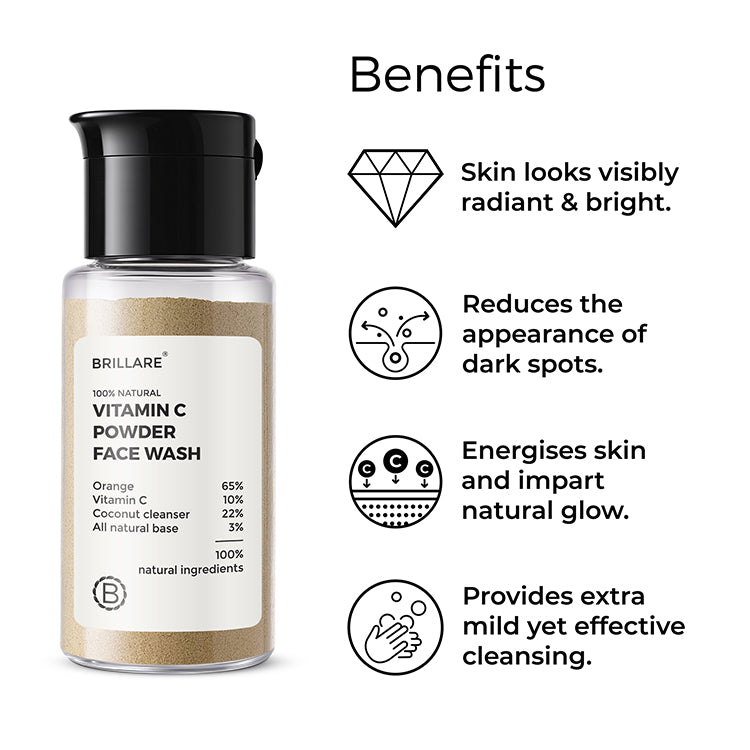 Brillare Vitamin C Powder Face Wash and side text include benefits: skin looks visibly radiant & bright, reduces the appearance of dark spots, energises skin and impart natural glow, provides extra mild yet effective cleansing.