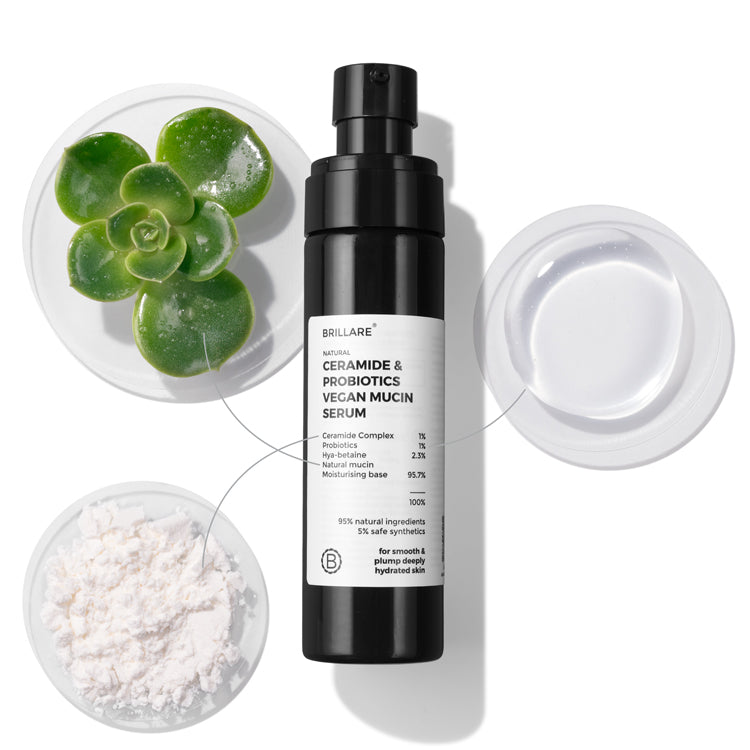 Front image of Brillare Ceramide & Probiotics Vegan Mucin Serum with its key ingredients against white background.