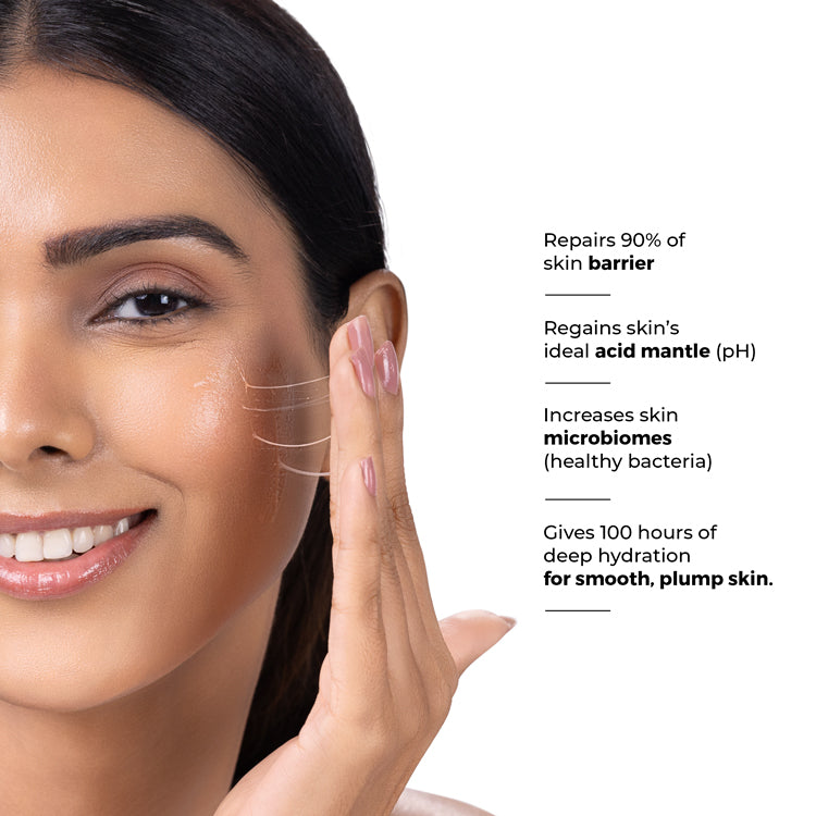 Brillare Ceramide & Probiotics Vegan Mucin Serum with side text include its benefits: Repairs 90% of skin barrier. regains skin&