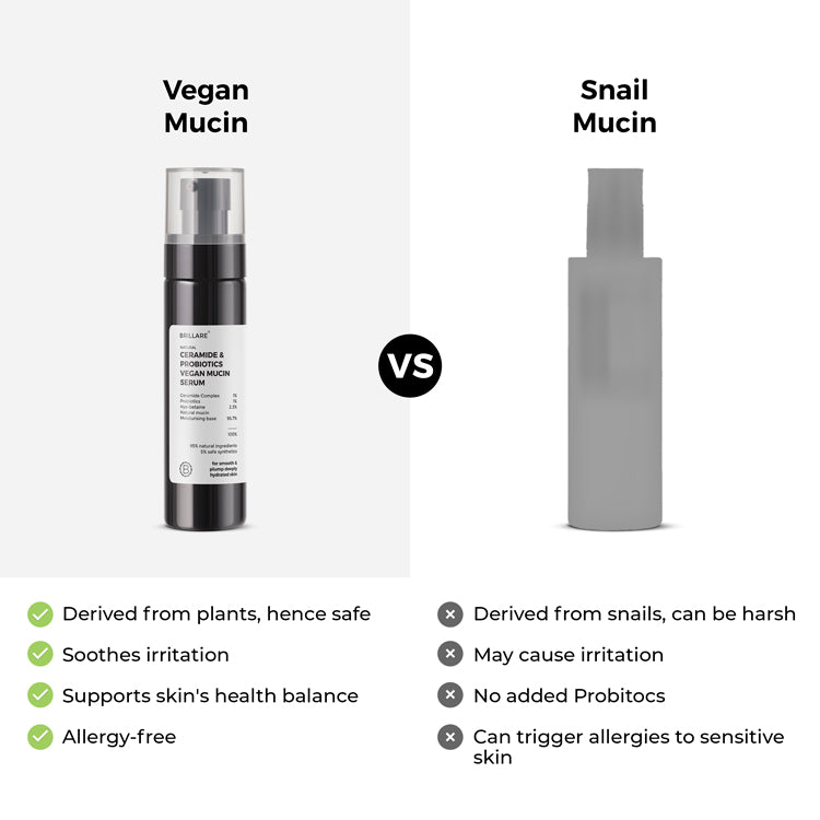 Side by side comparison of Brillare Ceramide & Probiotics Vegan Mucin Serum and Snail Mucin.