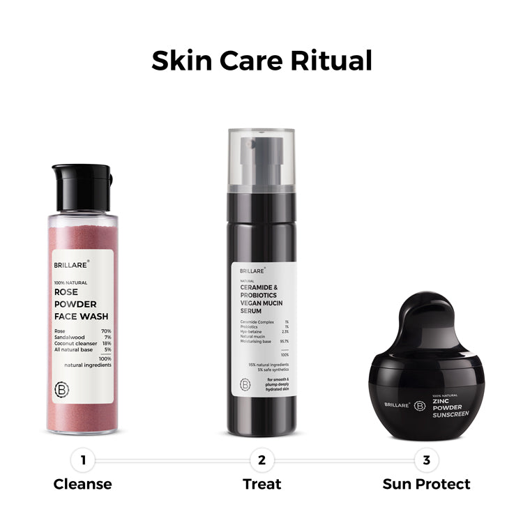 Skin Care Ritual shown in the image: Cleanse, Treat & Sun Protect.