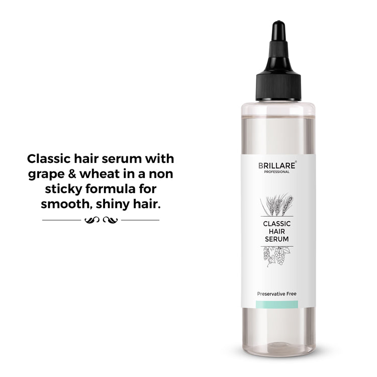 Brillare Professional Classic Hair Serum with side text include: classic hair serum with grape & wheat in a non sticky formula for smooth, shiny hair.