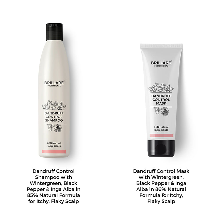 Brillare Professional Dandruff Control Shampoo & Conditioner with side text include their nature score and key ingredients name.