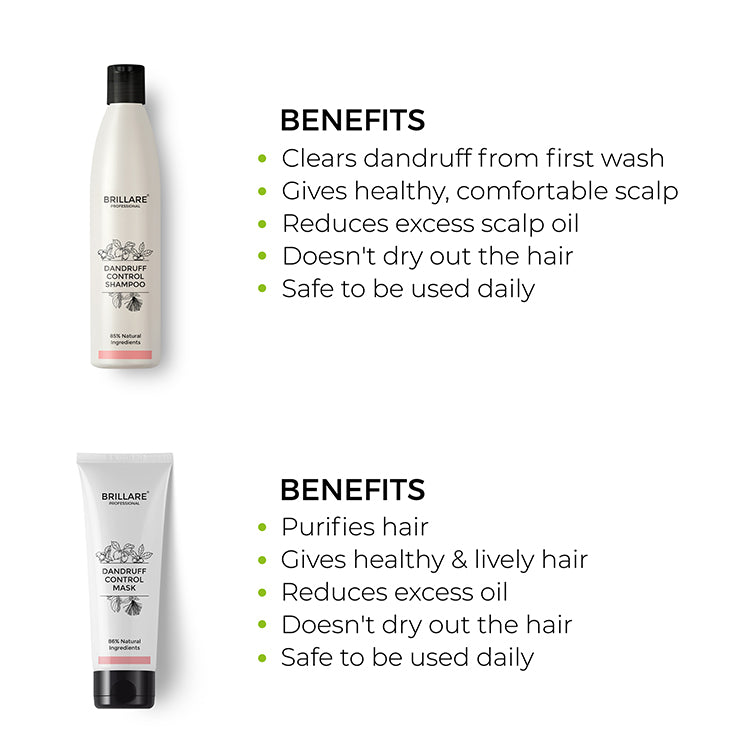 Brillare Professional Dandruff Control Shampoo & Conditioner with side text include benefits: clears dandruff from first wash, gives healthy, comfortable scalp, reduces excess scalp oil, doesn&