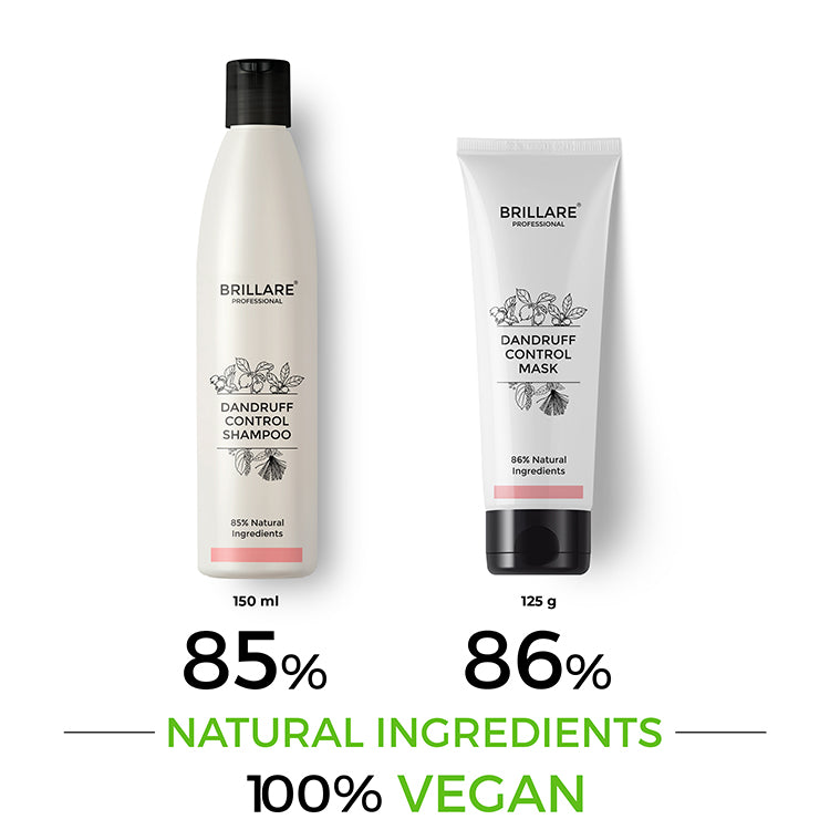 Brillare Professional Dandruff Control Shampoo & Conditioner with side text include their nature score and 100% vegan.