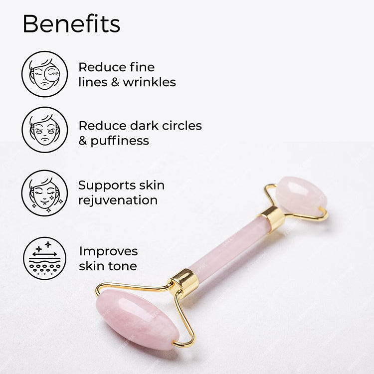 Jade Roller with side text include benefits: reduce fine lines & wrinkles, reduce dark circles & puffiness, supports skin rejuvenation, improves skin tone.