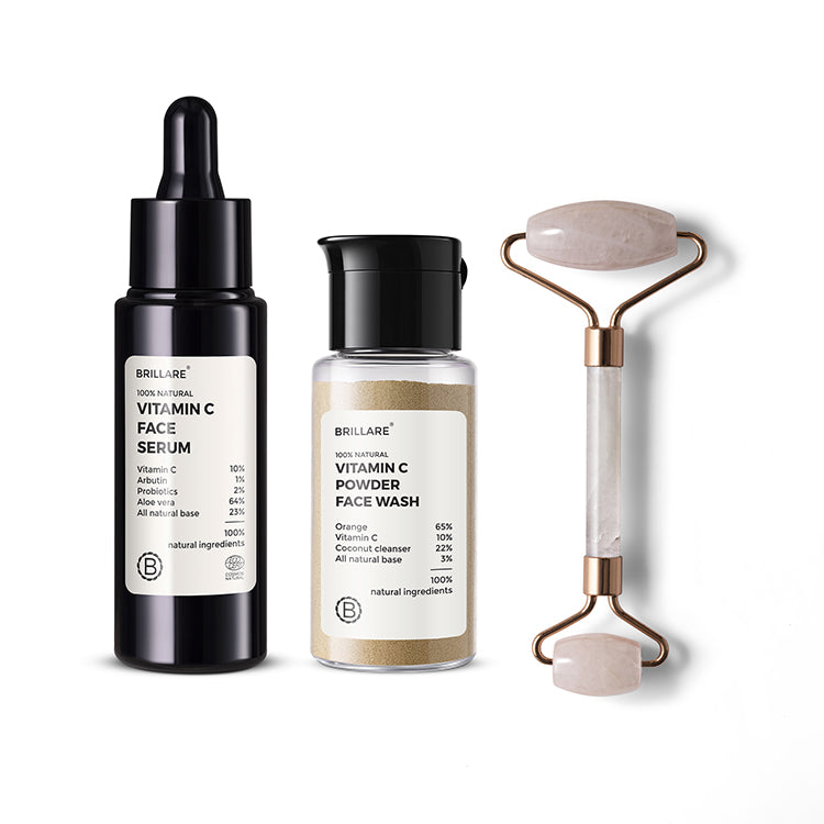 front view of Brillare Vitamin C Face Serum, Brillare Vitamin C Powder Face Wash & Jade Roller against white background.