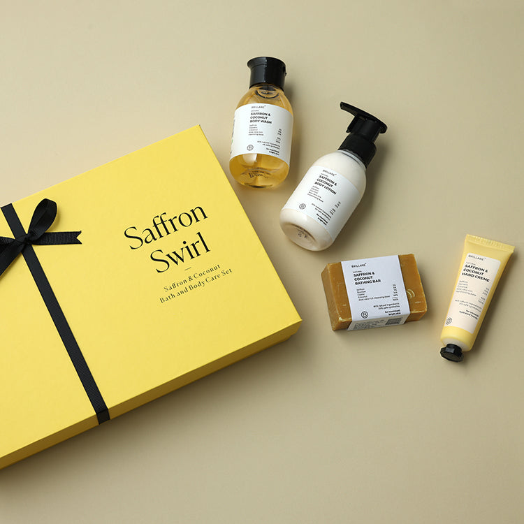 Brillare Saffron Swirl Gift Box with Saffron & Coconut Body Wash, Body Lotion, Bathing Bar and Hand Creme.
