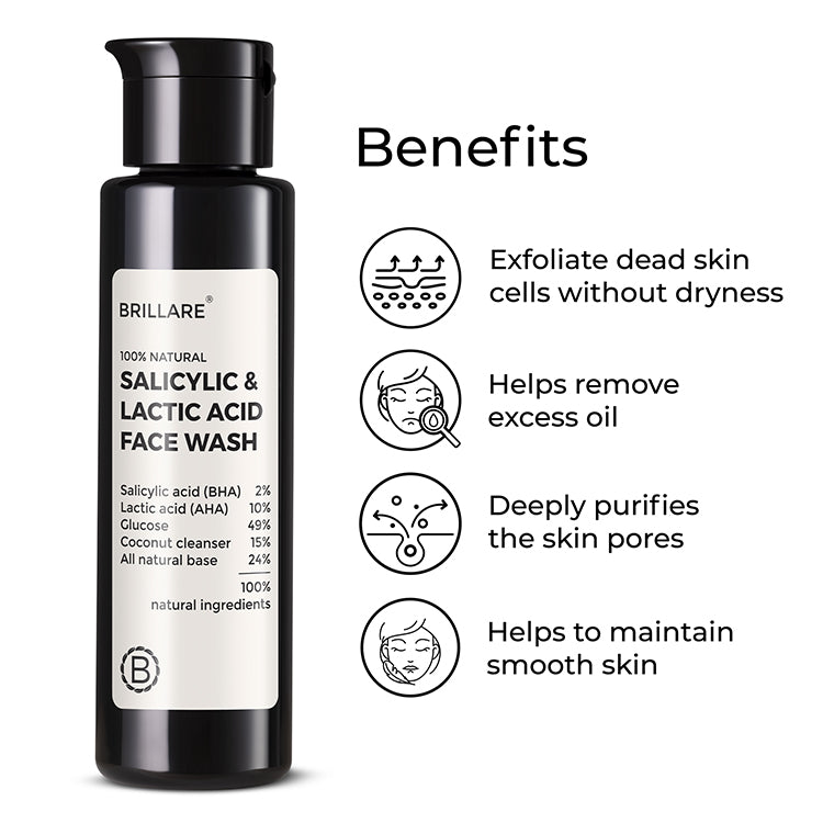 Brillare Salicylic & Lactic Acid Face Wash with the side text benefits include: Exfoliate dead skin cells without dryness, helps remove excess oil, deeply purifies the skin pores, helps to maintain smooth skin.