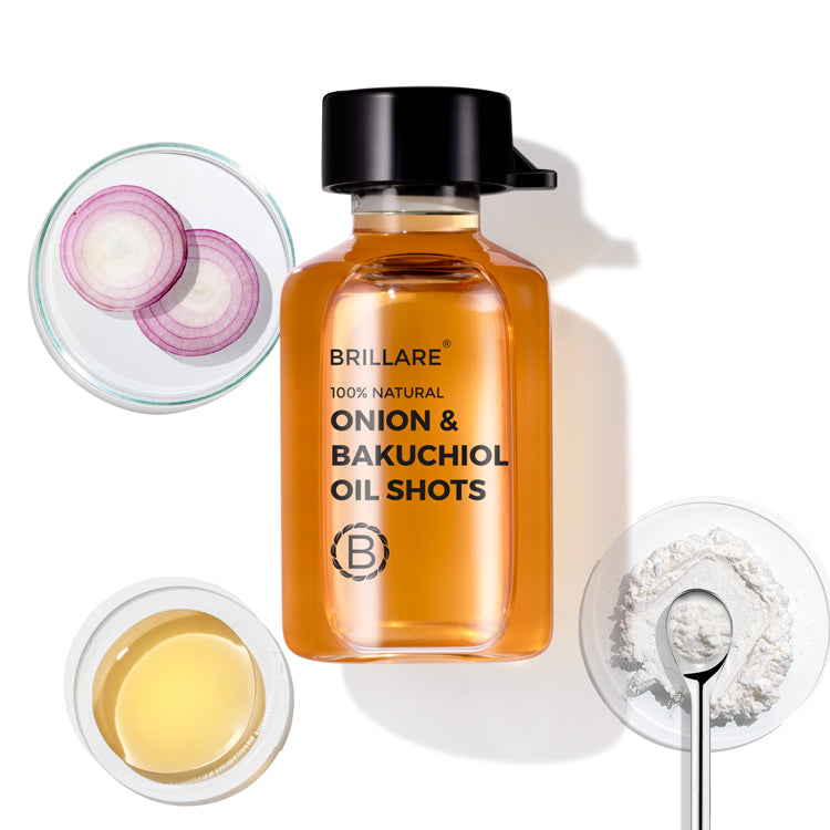 Front image of Brillare Onion & Bakuchiol Oil Shots vial with its ingredient on the side against white background.