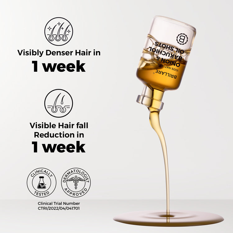 Benefits of Brillare Onion & Bakuchiol Oil Shots mentioned in the image include visibly denser hair in 1 week, visible hair fall reduction in 1 week.