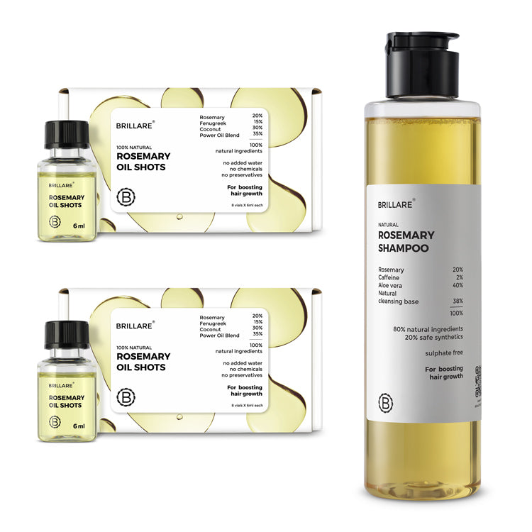 Brillare Hair Growth Combo Packs of 2  100% Natural Rosemary Oil Shots with Rosemary, Olive, Coconut and Power Oil Blend plus Sulphate Free Natural Rosemary Shampoo