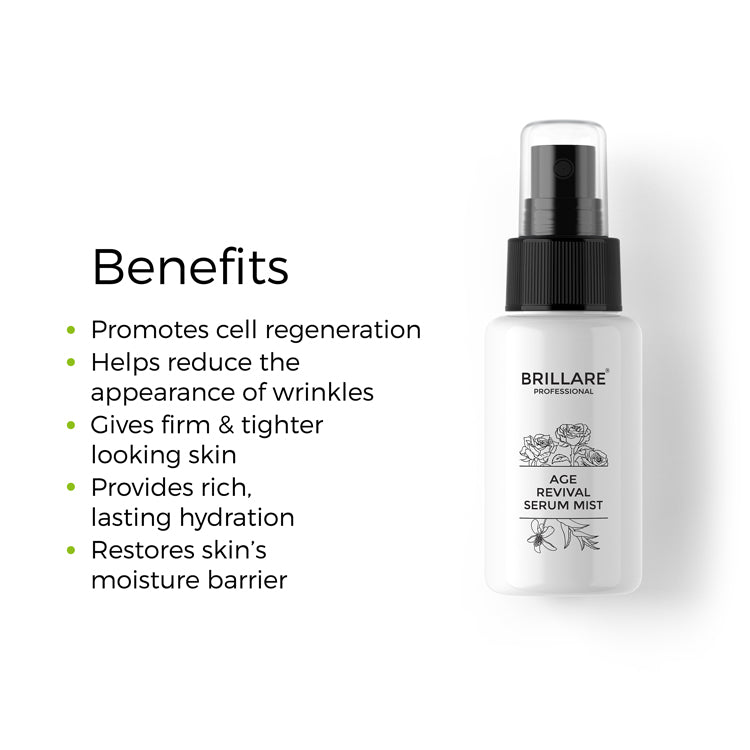 Brillare Professional Age Revival Serum Mist with the side text benefits include: promotes cell regeneration, helps reduce the appearance of wrinkles, gives firm and tighter looking skin, provides rich, lasting hydration, restores skin&