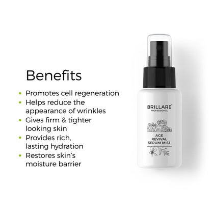 Brillare Professional Age Revival Serum Mist with the side text benefits include: promotes cell regeneration, helps reduce the appearance of wrinkles, gives firm and tighter looking skin, provides rich, lasting hydration, restores skin&