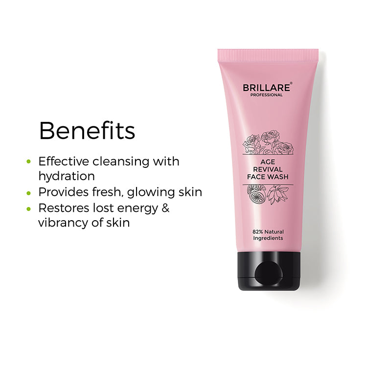 Brillare Professional Age revival Face wash with the Text benefits include: effective cleansing with hydration, provides fresh, glowing skin, restores lost energy &amp; vibrancy of skin.