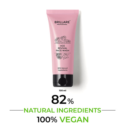 Brillare Professional Age revival Face wash with the Text include: 82% natural ingredients and 100% vegan.