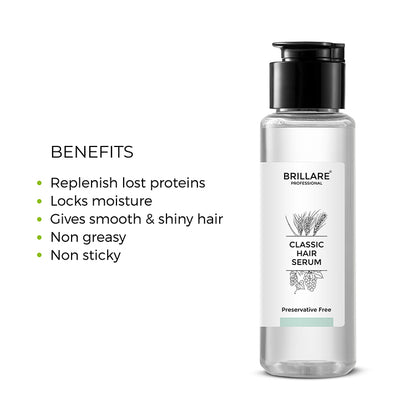 Brillare Professional Classic Hair Serum with side text include benefits: replenish lost proteins, locks moisture, gives smooth &amp; shiny hair, non greasy, non sticky