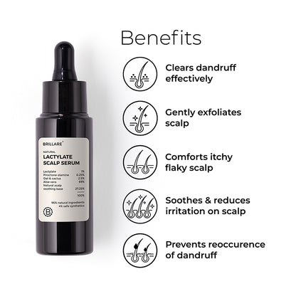 Brillare Lactylate Scalp Serum with side text include benefits: clears dandruff effectively, gently exfoliates scalp, comforts itchy flaky scalp, soothes &amp; reduces irritation on scalp, prevents reoccurence of dandruff.