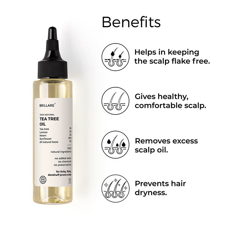 Brillare Tea Tree Oil with side text include benefits: helps in keeping the scalp flake free, gives healthy comfortable scalp, removes excess scalp oil, prevents hair dryness. 