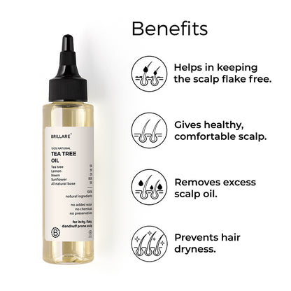 Brillare Tea Tree Oil with side text include benefits: helps in keeping the scalp flake free, gives healthy comfortable scalp, removes excess scalp oil, prevents hair dryness. 