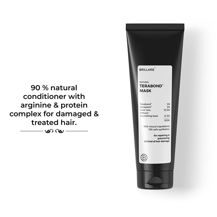 Brillare Terabond Mask with side text include: 90% natural conditioner with arginine &amp; protein complex for damaged &amp; treated hair.