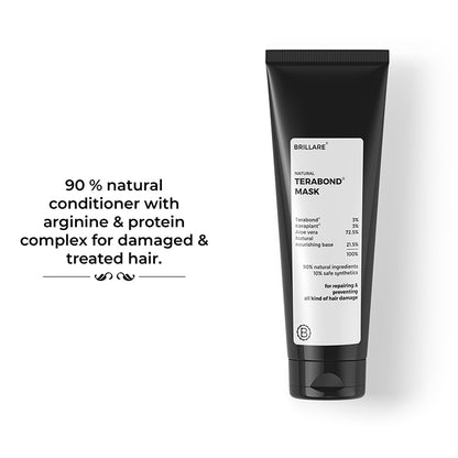 Brillare Terabond Mask with side text include: 90% natural conditioner with arginine &amp; protein complex for damaged &amp; treated hair.