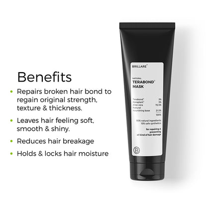 Brillare Terabond Mask with side text include benefits: repairs broken hair bond to regain original strength, texture &amp; thickness, leaves hair feeling soft, smooth &amp; shiny, reduces hair breakage, holds &amp; locks hair moisture.